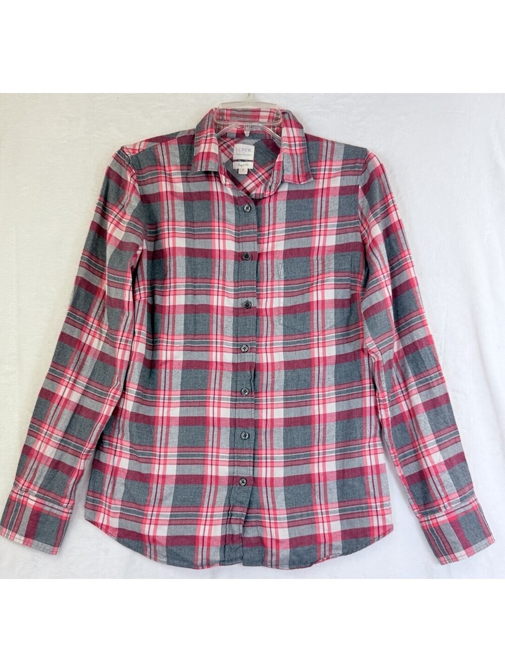 J Crew Flannel Shirt Women Small Gray Plaid Perfect Fit Button Up Top Long